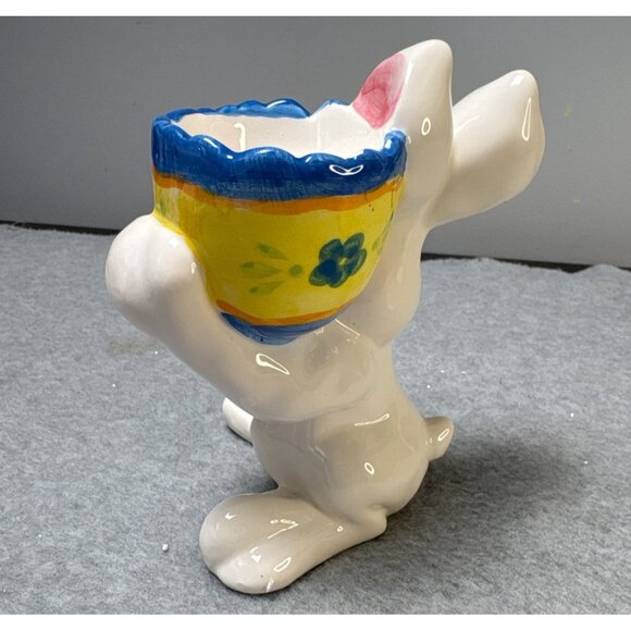 Ceramic Bunny Holding Colorful Egg Planter Figurine  6" tall - Picture 3 of 10